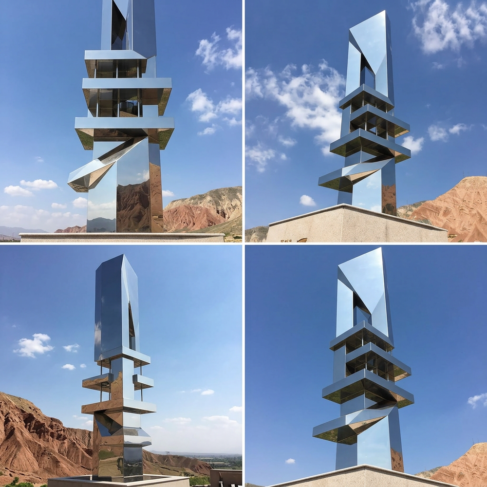 Tall polished metal sculpture with architectural geometric elements and mirrored surfaces