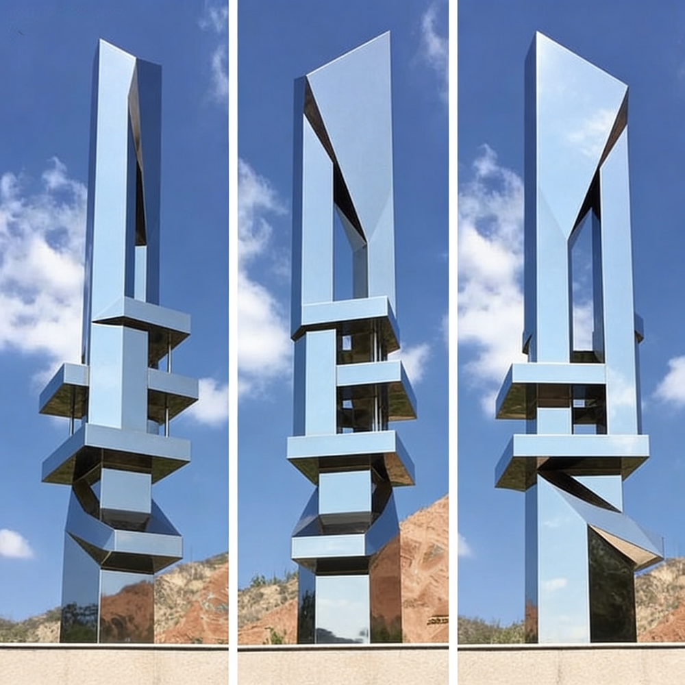 Polished metallic abstract structure featuring layered geometric forms with clean reflective planes