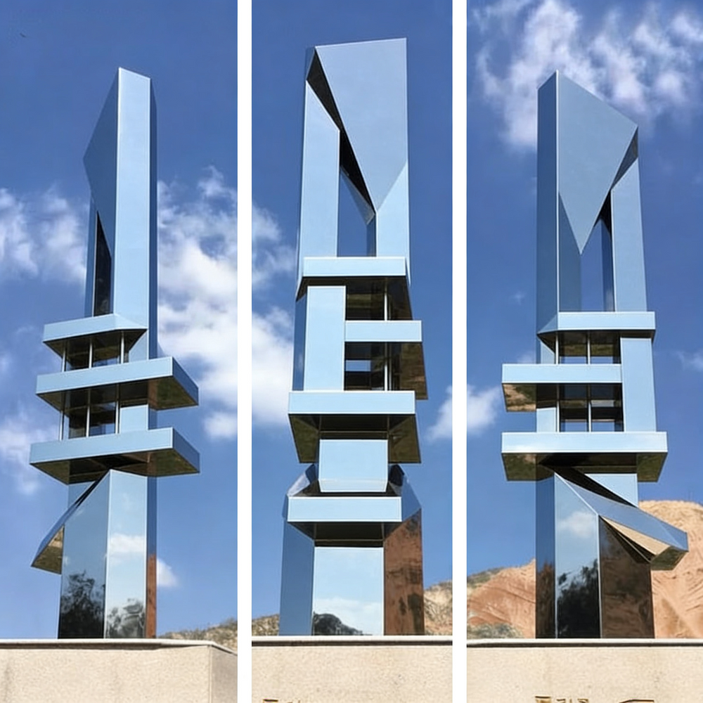 Contemporary outdoor sculpture made of stacked polished metal shapes with architectural styling.