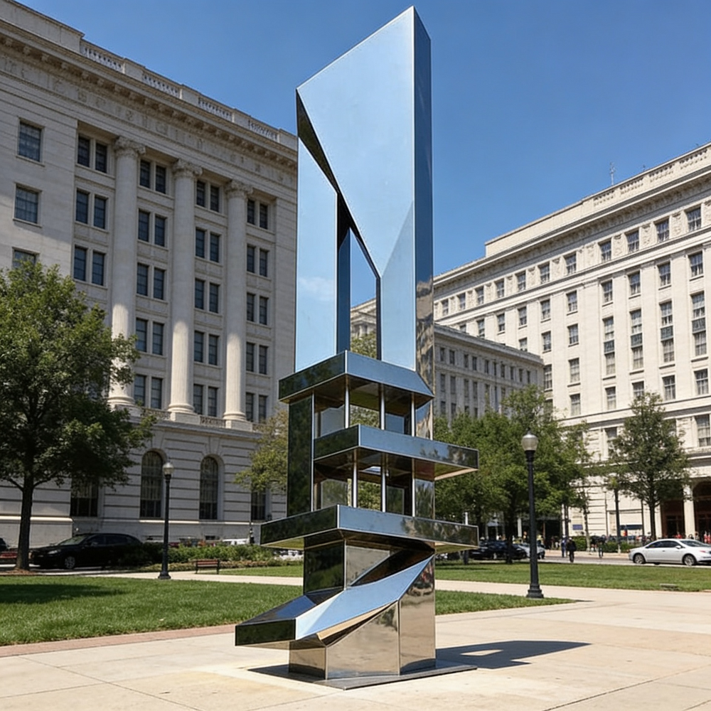 Abstract metallic artwork composed of vertically arranged geometric forms with mirror‑like finish