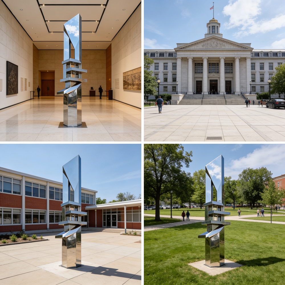 Sculptural tower of reflective metal shapes arranged in a modern geometric composition