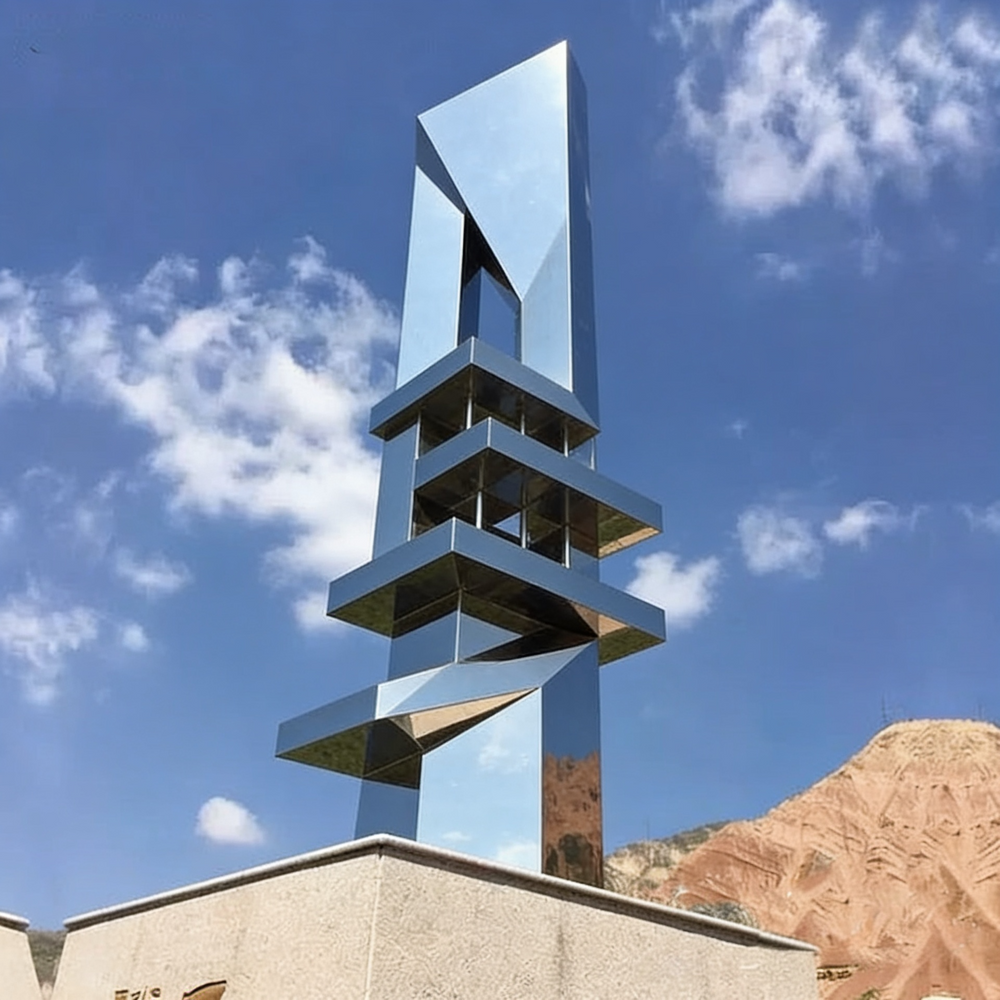 Tall metallic sculpture against a blue sky with clouds