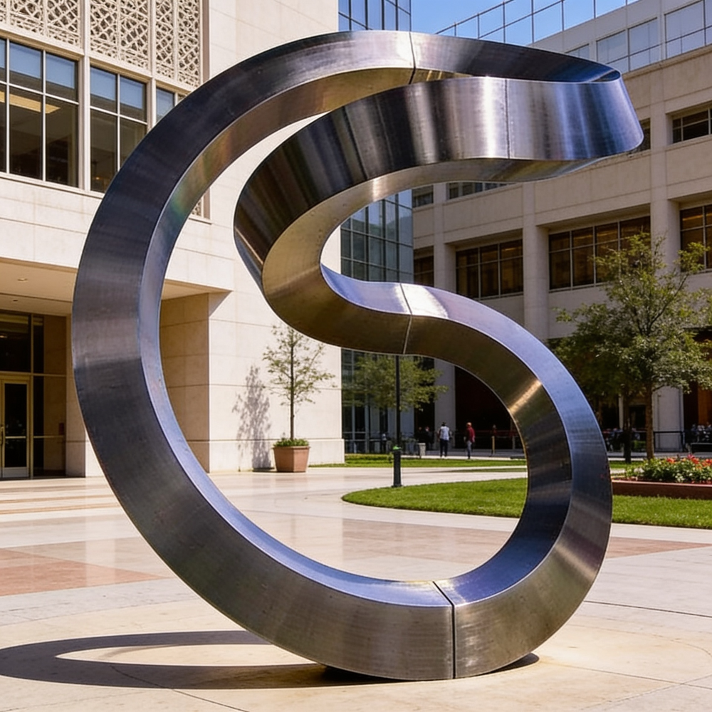 Contemporary polished metal sculpture shaped into a curved ribbon‑like loop