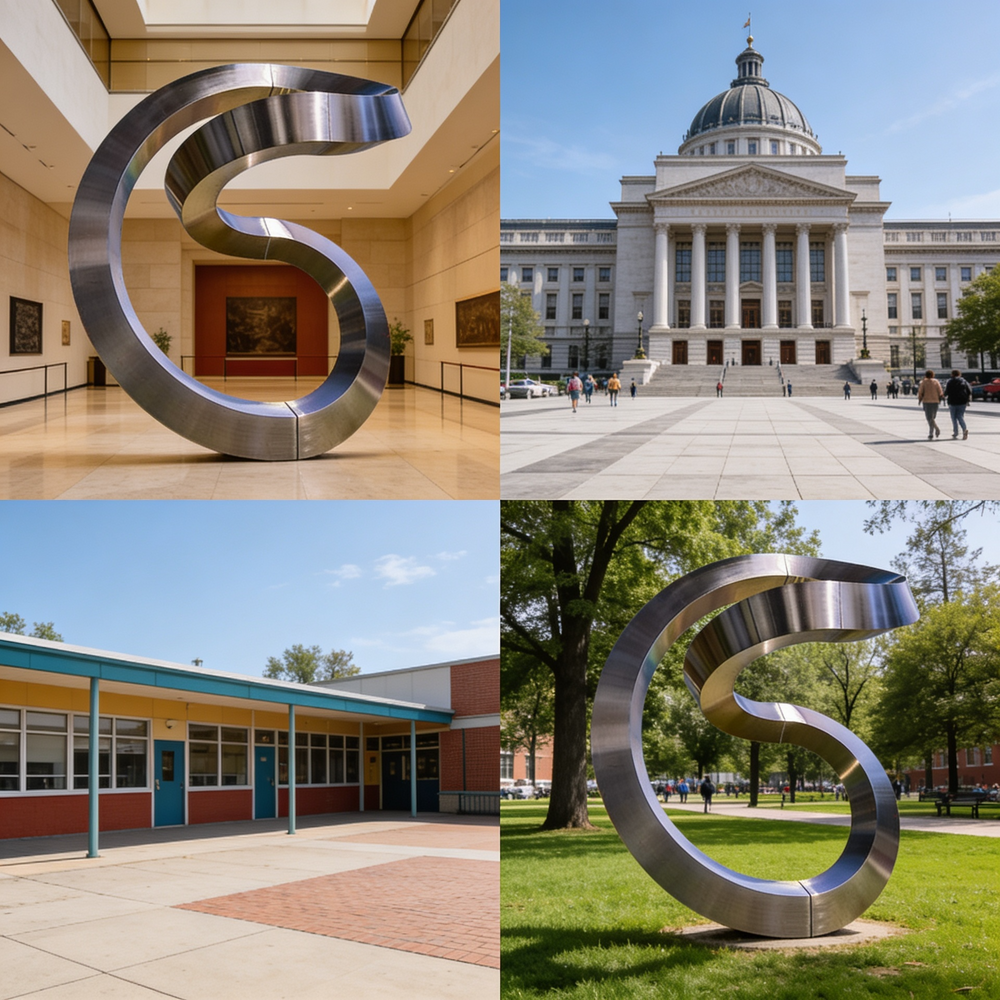Collage of a large metal sculpture, a government building, a school building, and another metal sculpture.