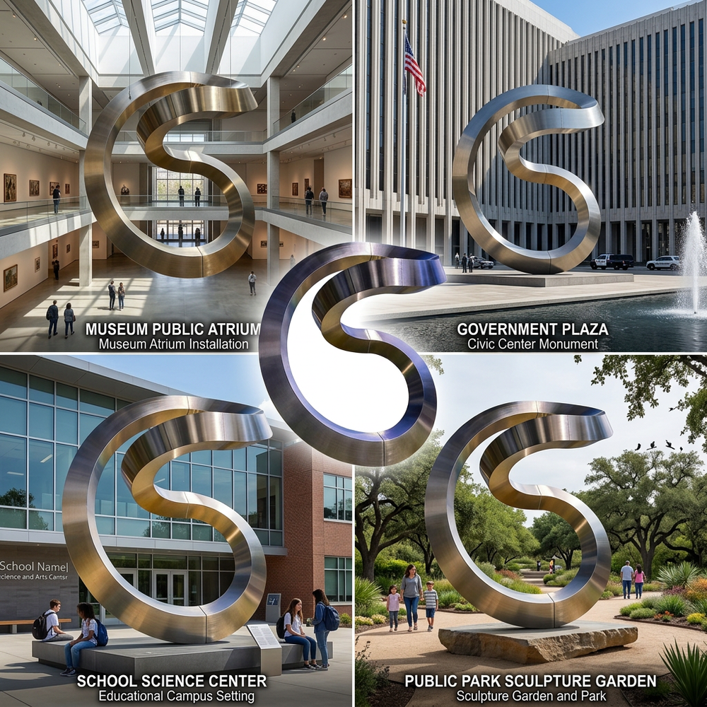 Collage of a large metal sculpture in various settings including a museum, government plaza, school science center, and public park.