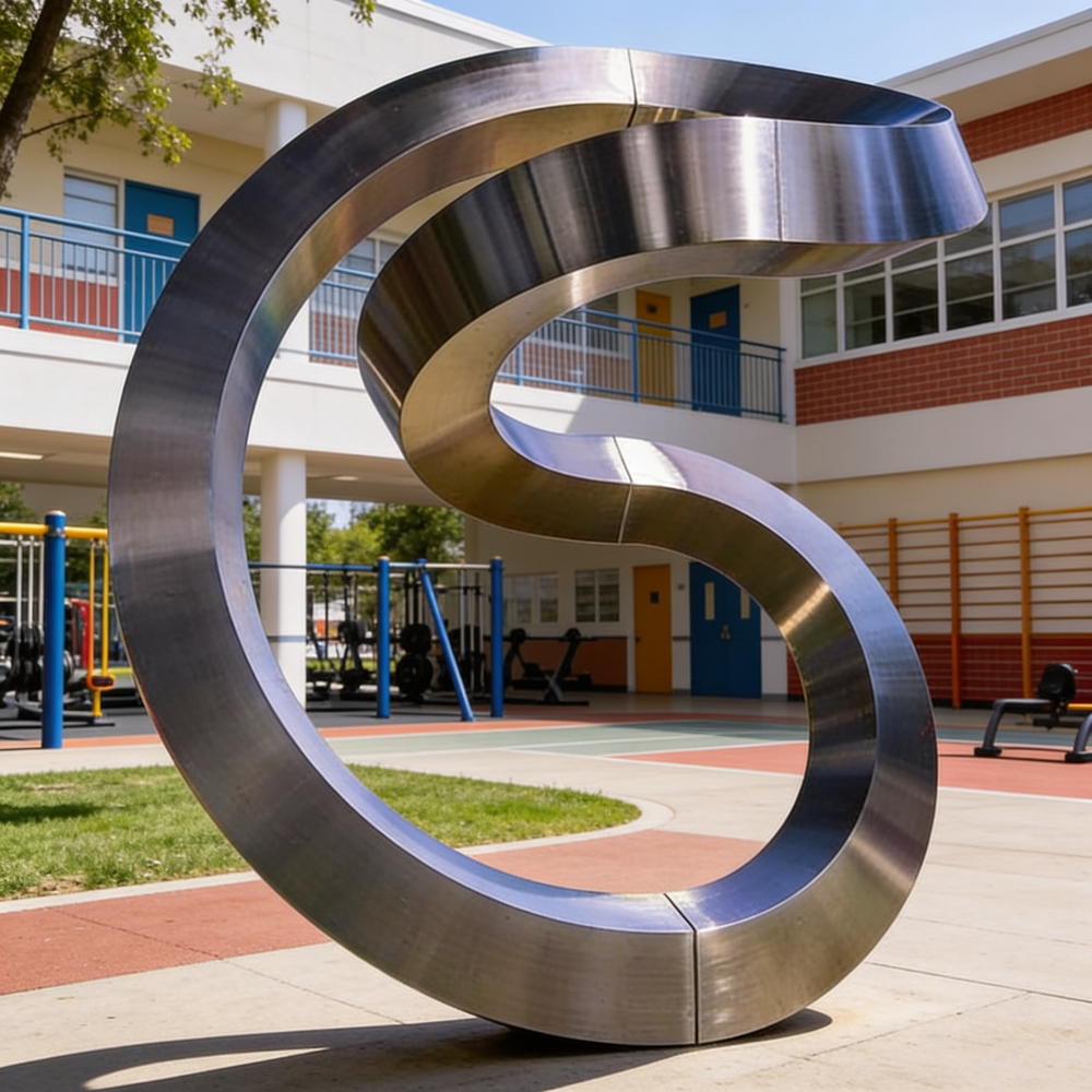 Sculptural metal loop with polished surfaces and flowing ribbon‑style curvature