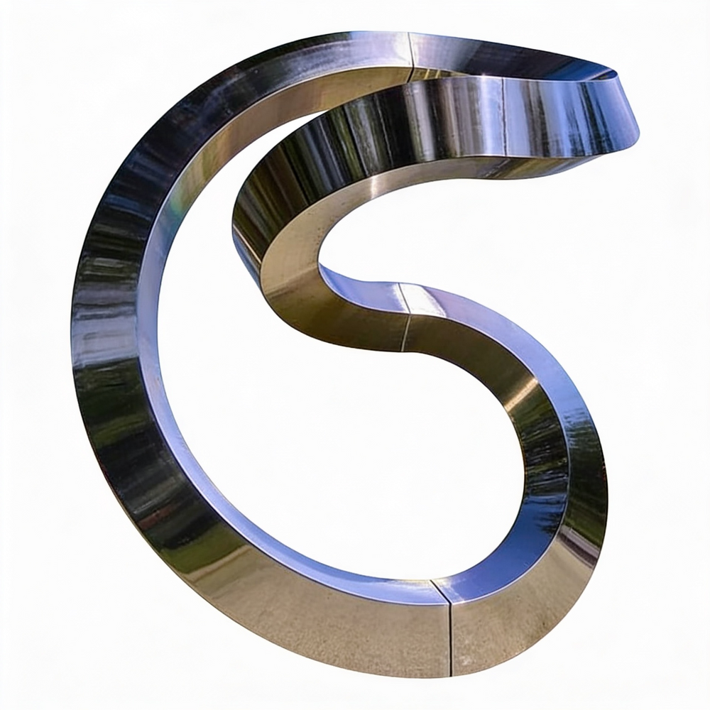 Polished metallic ribbon‑loop sculpture with smooth curves and reflective surfaces