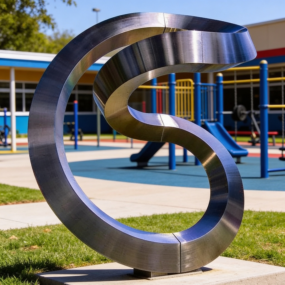 Polished metal artwork featuring a continuous ribbon shape bent into a fluid loop