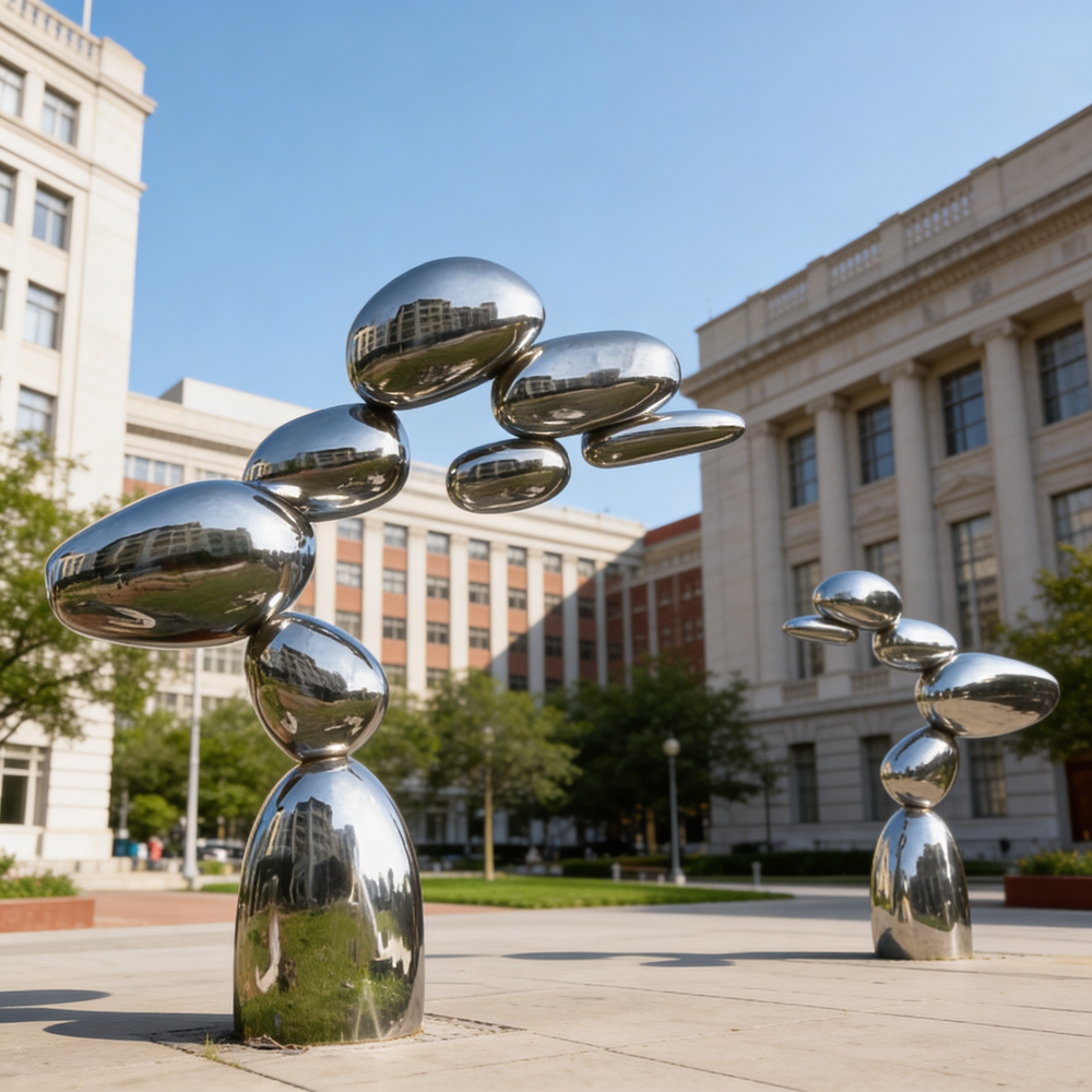 Contemporary polished metal artwork composed of rounded reflective shapes stacked vertically
