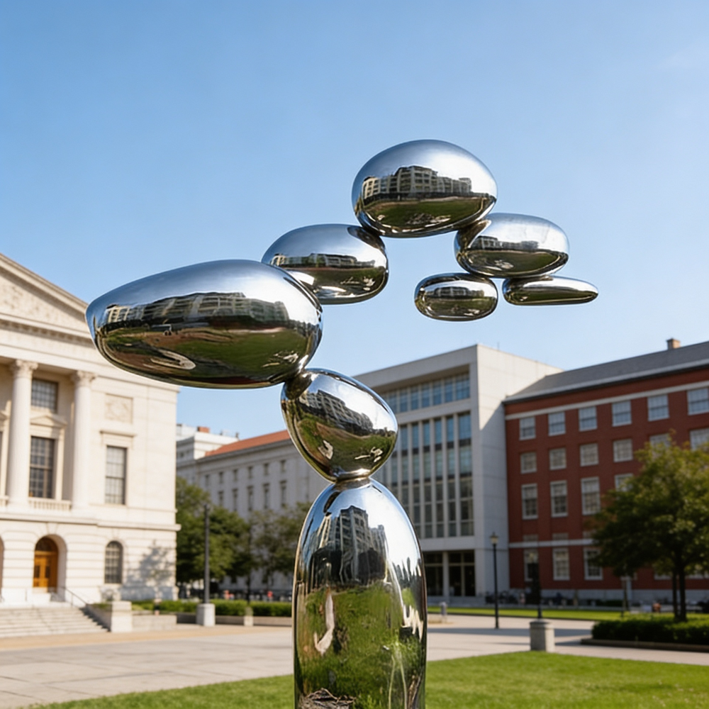 Modern abstract sculpture of stacked metallic droplets with high‑gloss reflective surfaces