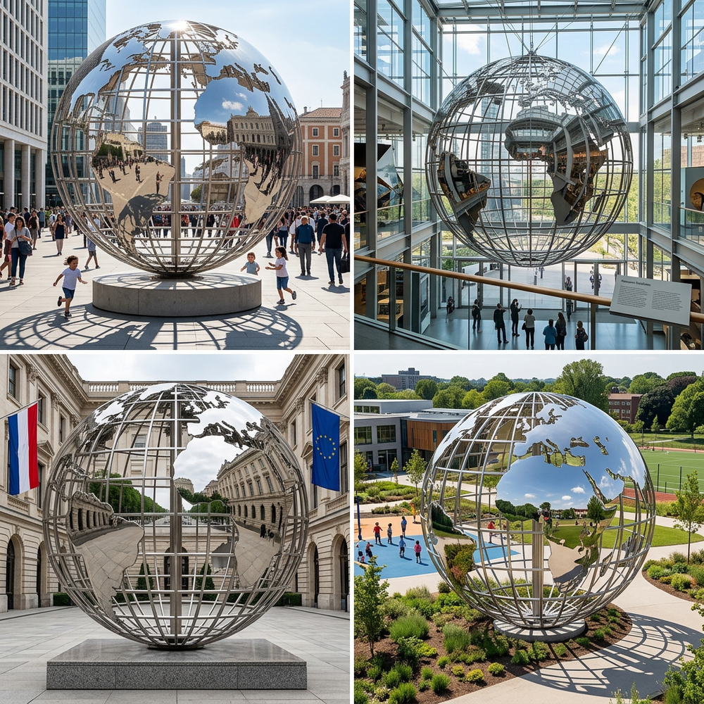 Modern metallic world globe artwork featuring open‑frame grid lines and solid continent shapes
