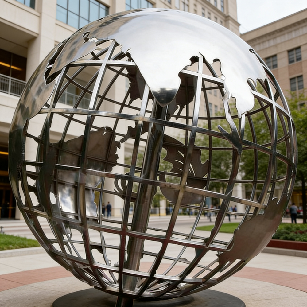 Modern world globe sculpture crafted from polished metal with detailed landmass outlines