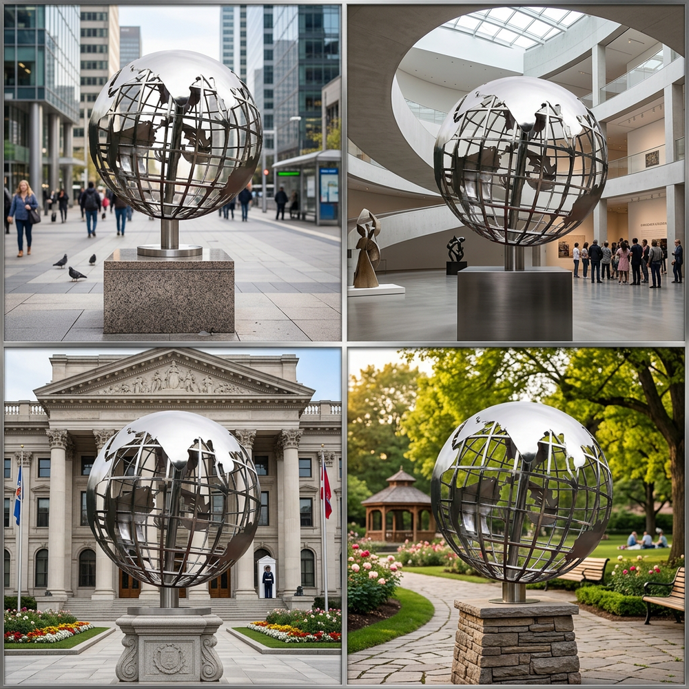 Polished metal Earth sculpture with open‑frame grid and raised continent accents