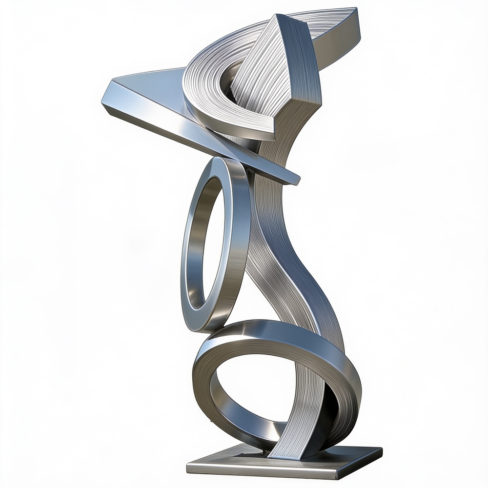 Silver abstract sculpture on a white background