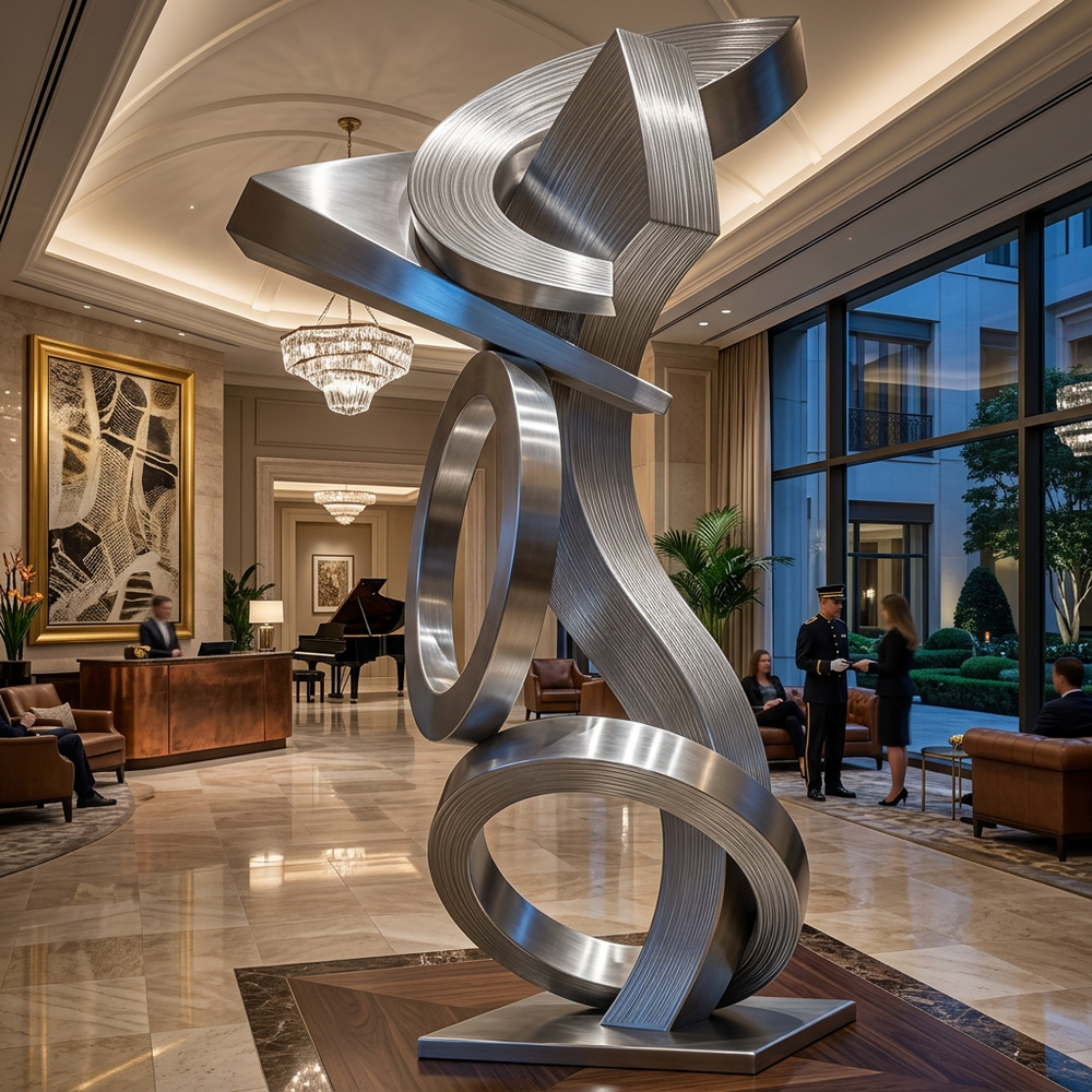 Modern silver sculpture in a luxurious hotel lobby with people and decor.