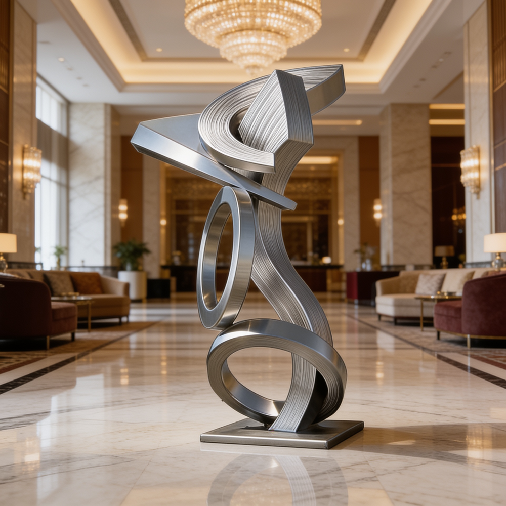 Silver abstract sculpture in a luxurious lobby with marble floors and chandeliers.