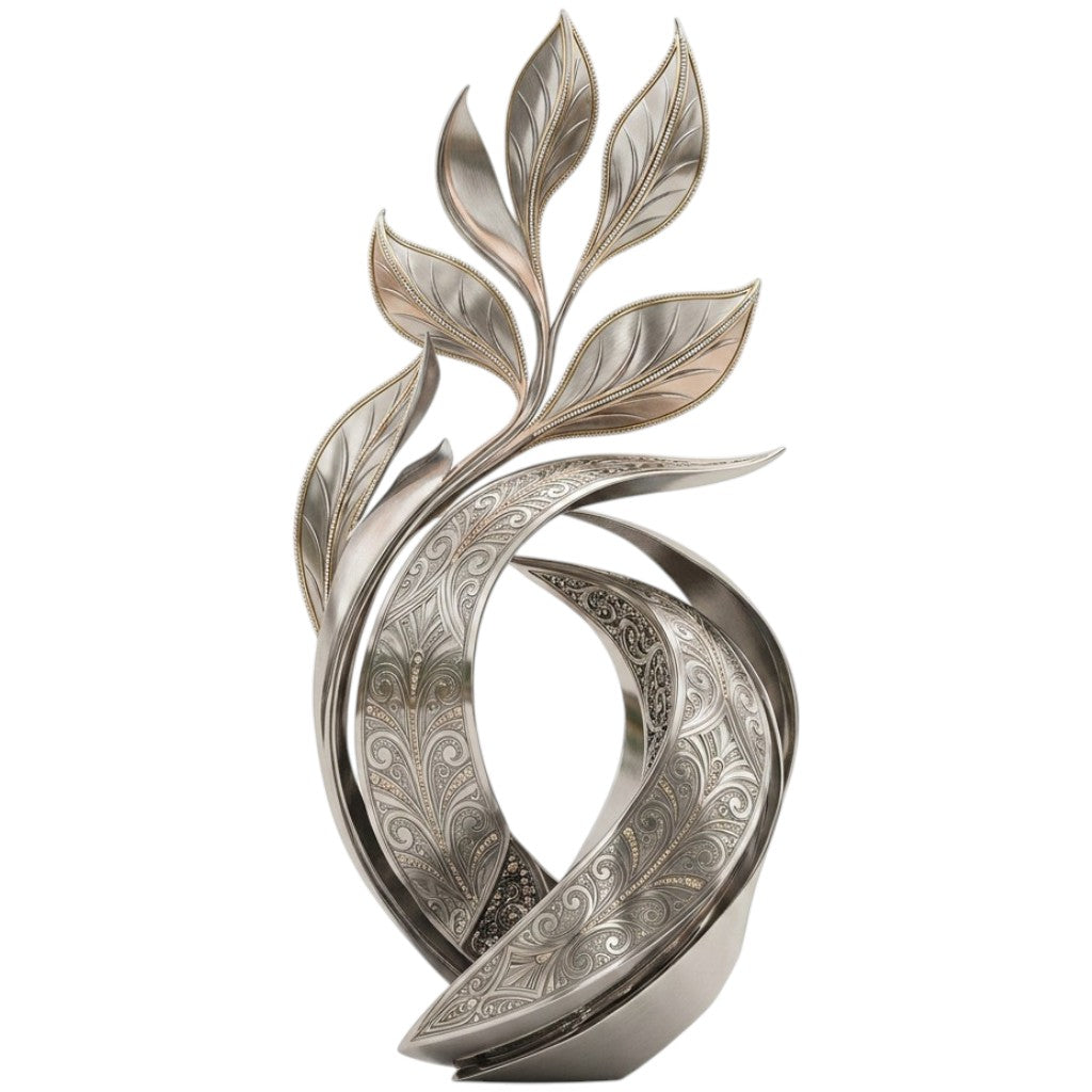 Polished metal abstract sculpture with engraved leaf‑flame forms and ornate swirling patterns