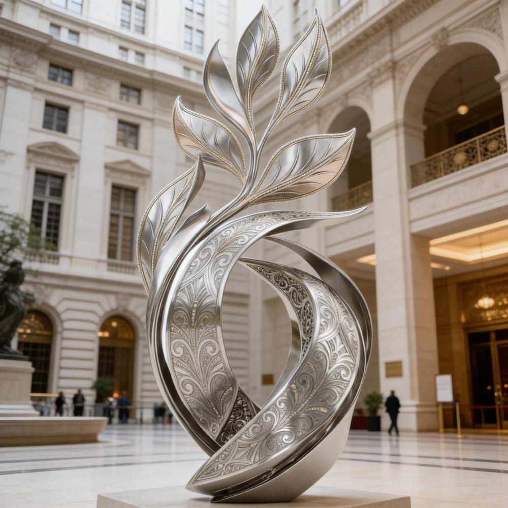 Polished metal decorative piece featuring engraved motifs on flowing leaf‑like shapes.