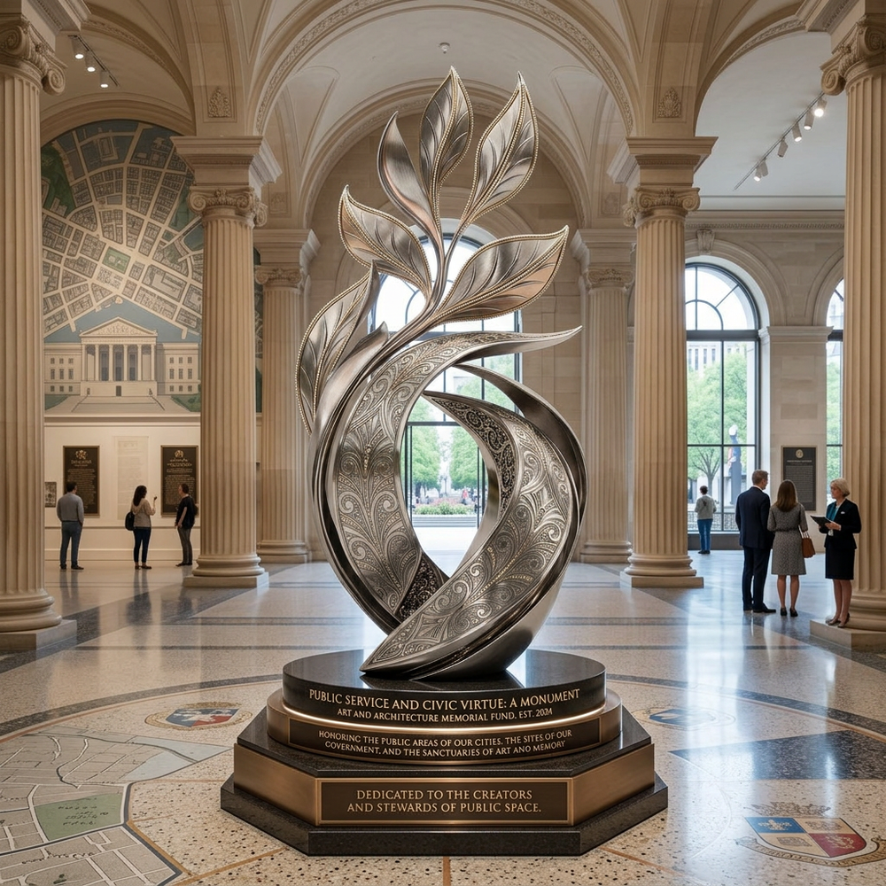 Sleek metallic sculpture with engraved ornamental patterns and upward sweeping abstract forms