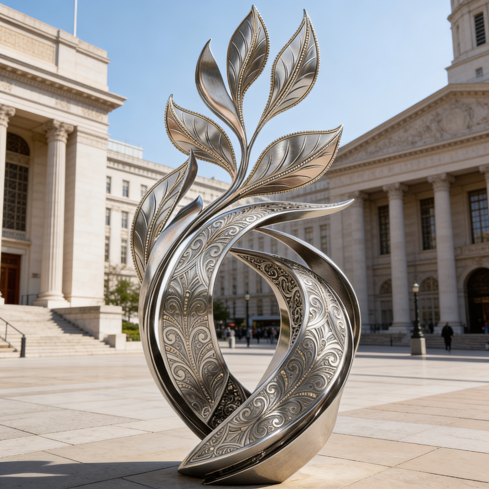 Sleek metallic sculpture with engraved ornamental patterns and upward sweeping abstract forms