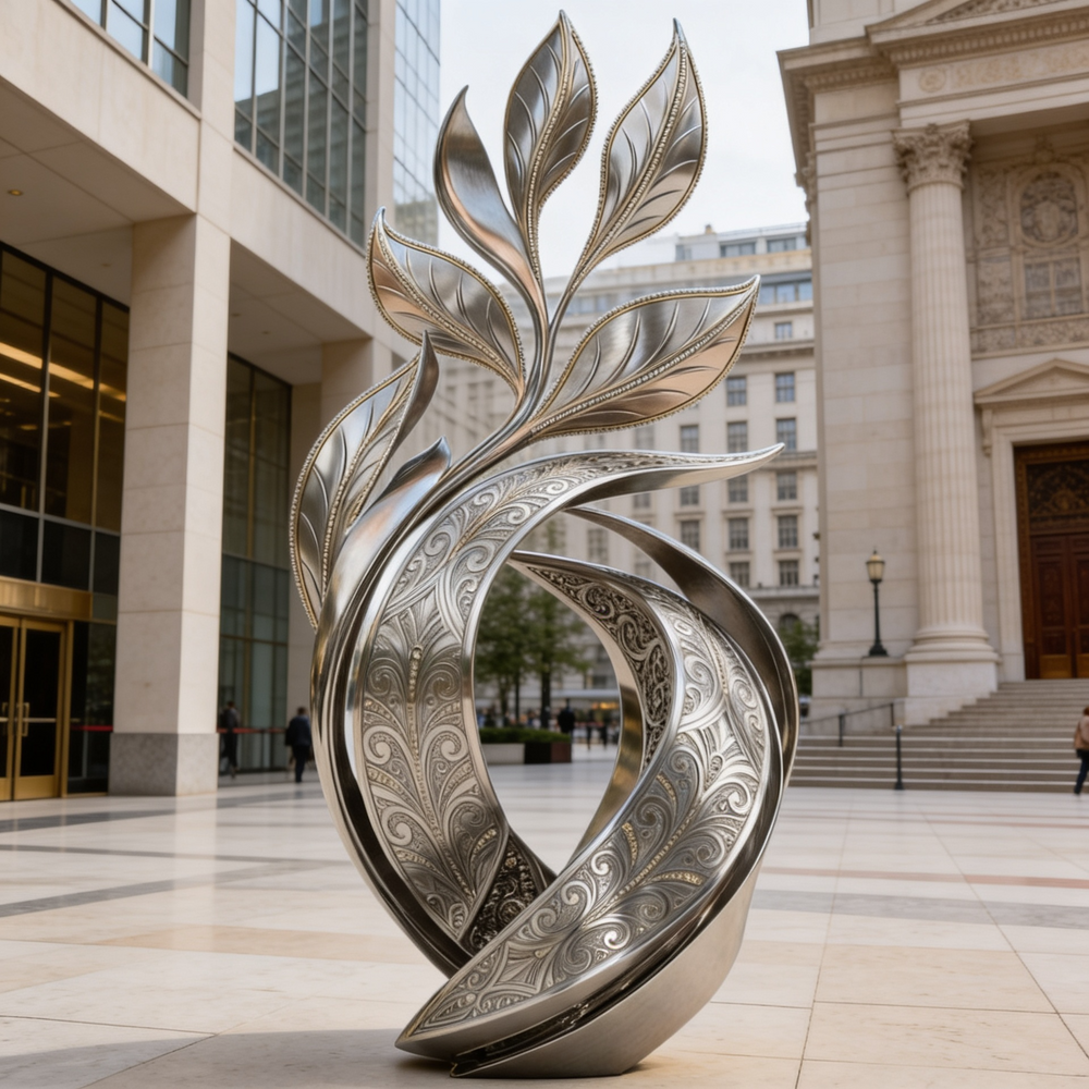 Polished metal abstract sculpture with engraved leaf‑flame forms and ornate swirling patterns