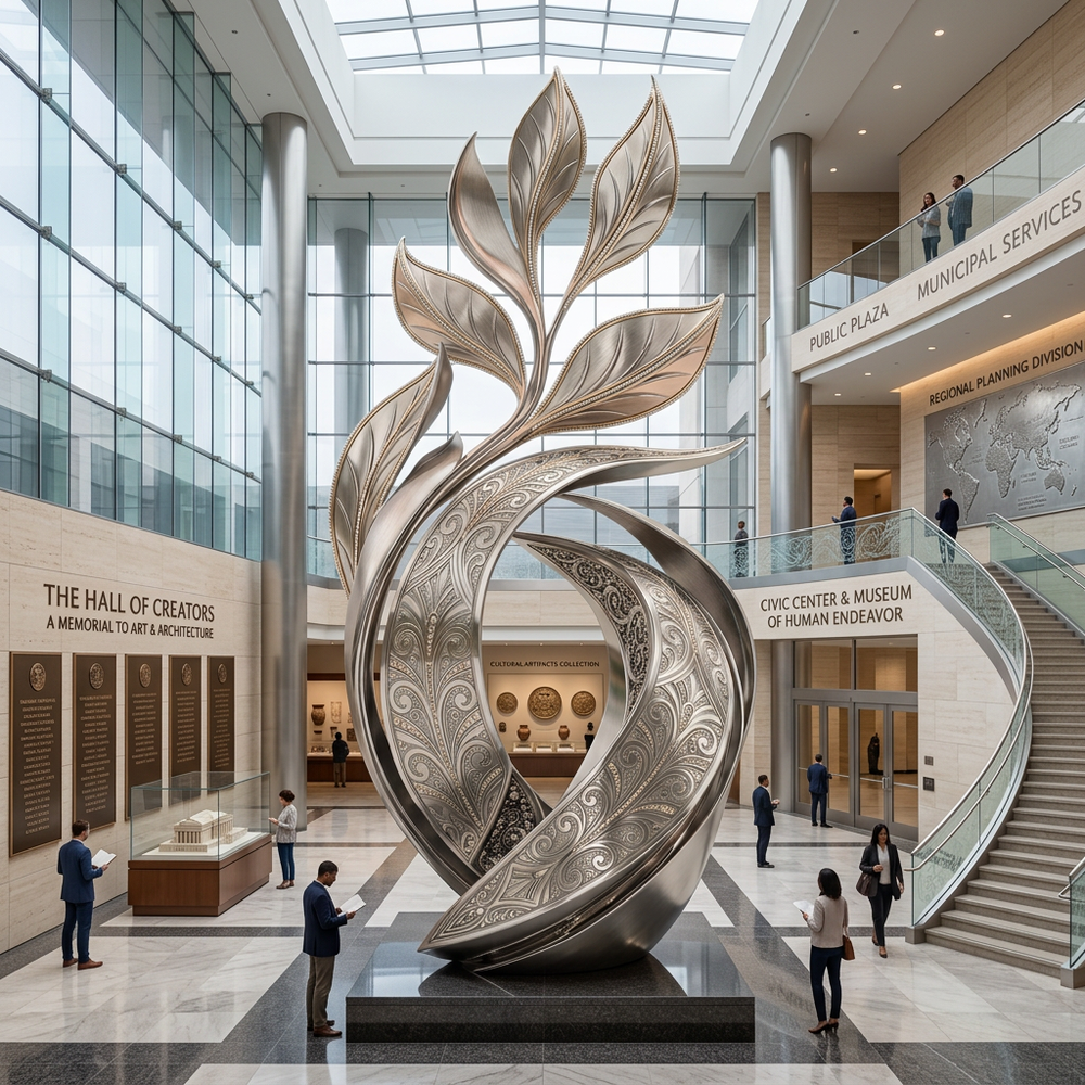 Reflective metallic sculpture featuring upward flowing shapes with detailed engraved motifs