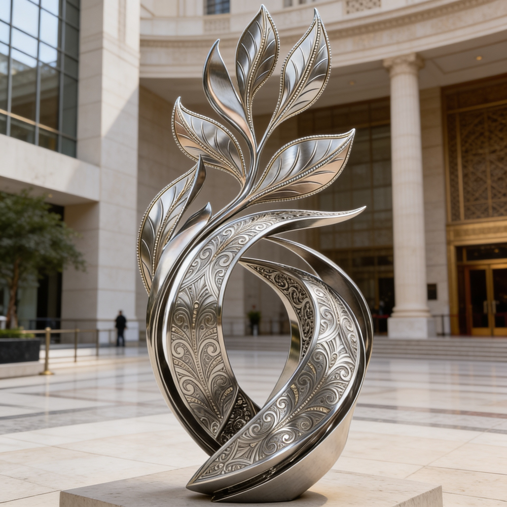 Contemporary polished metal artwork with flame‑like curves and intricate decorative engravings