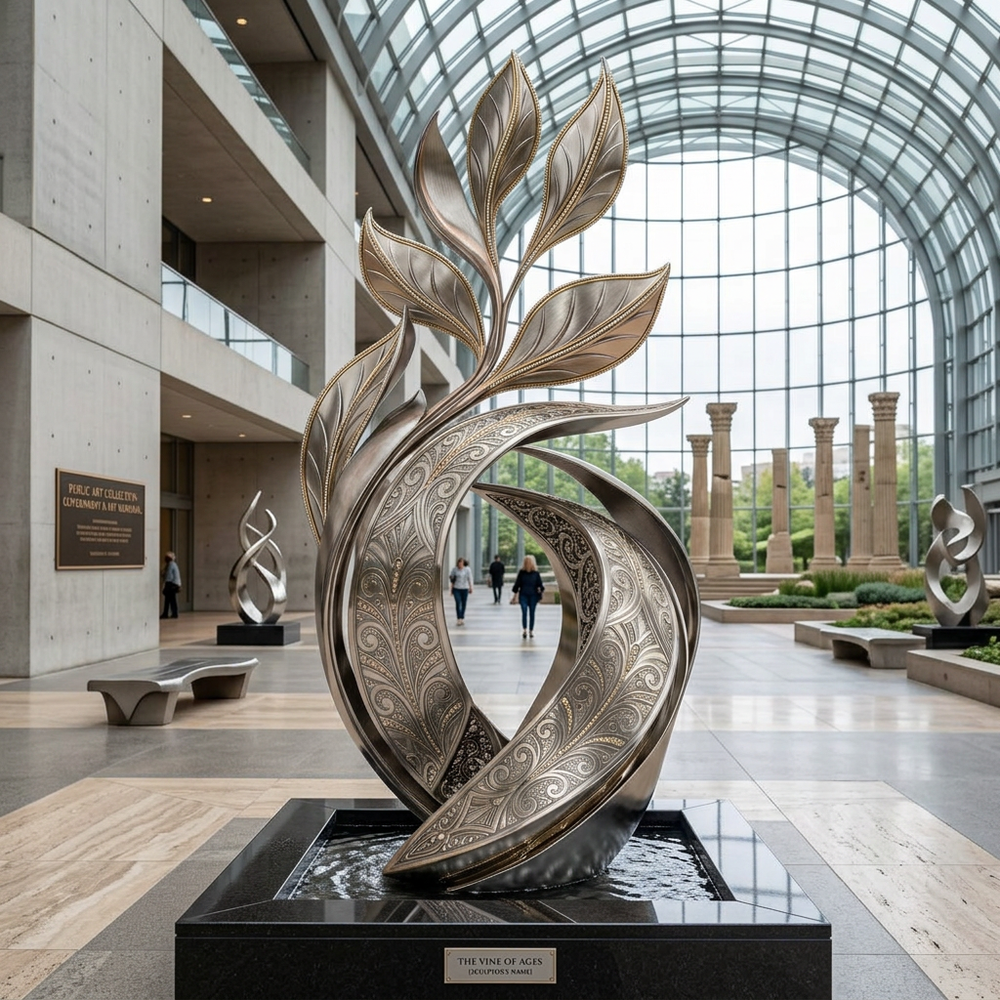 Contemporary polished metal artwork with flame‑like curves and intricate decorative engravings