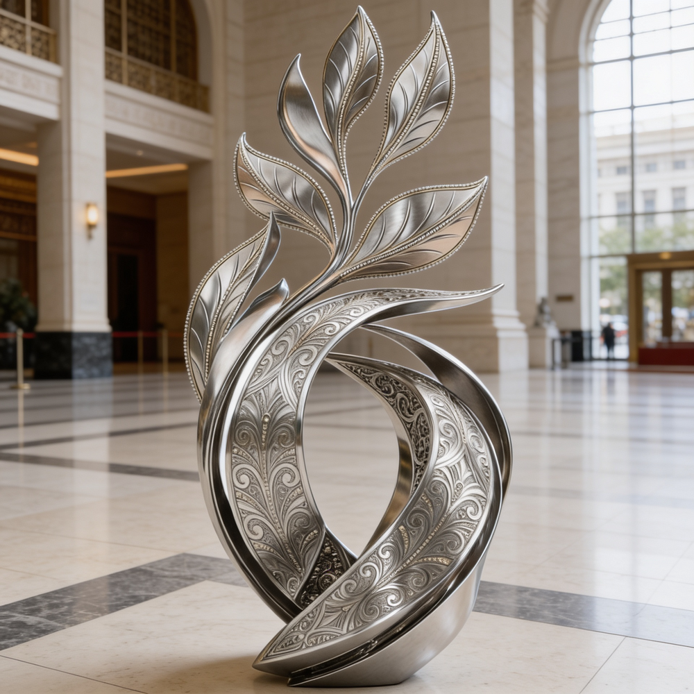 Decorative metal sculpture in a large, open hall with high ceilings and large windows.
