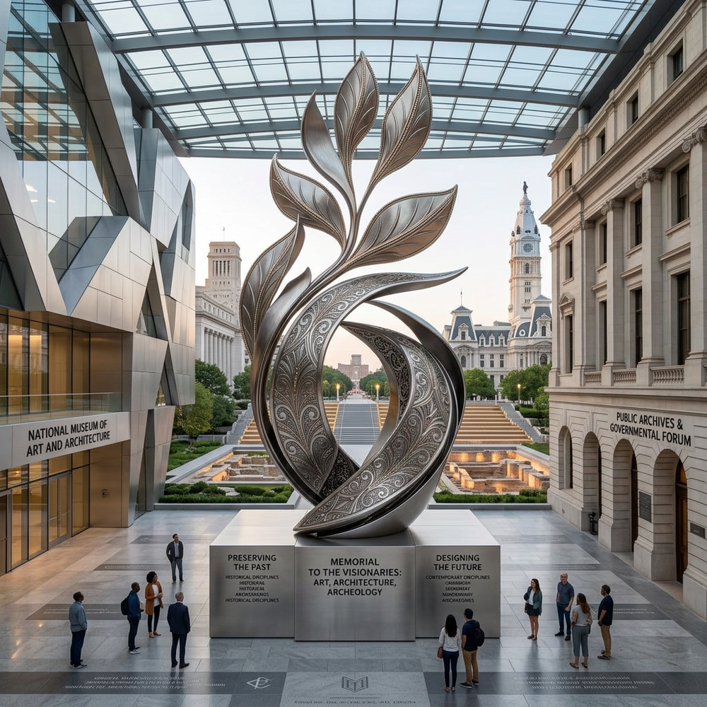 Decorative metal artwork with upward curved leaf‑flame elements and intricate surface engravings