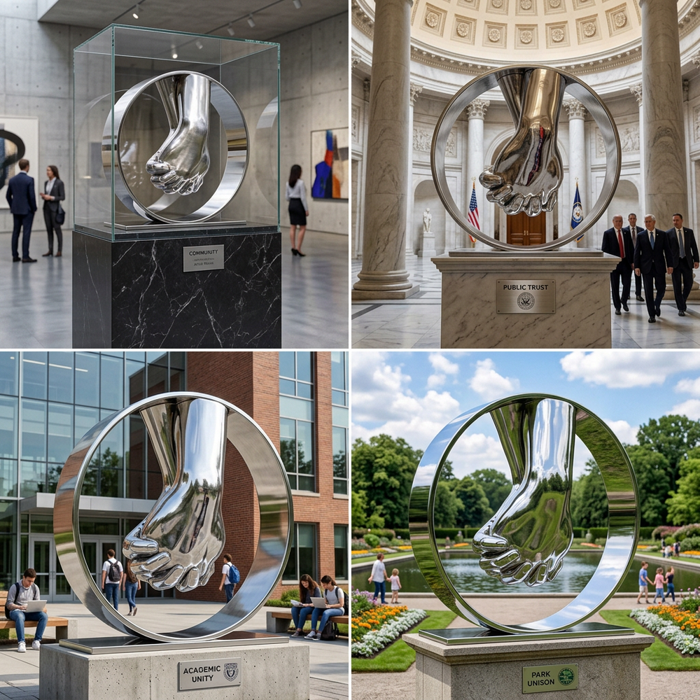 Reflective metallic artwork of interlocked hands enclosed within a smooth circular ring