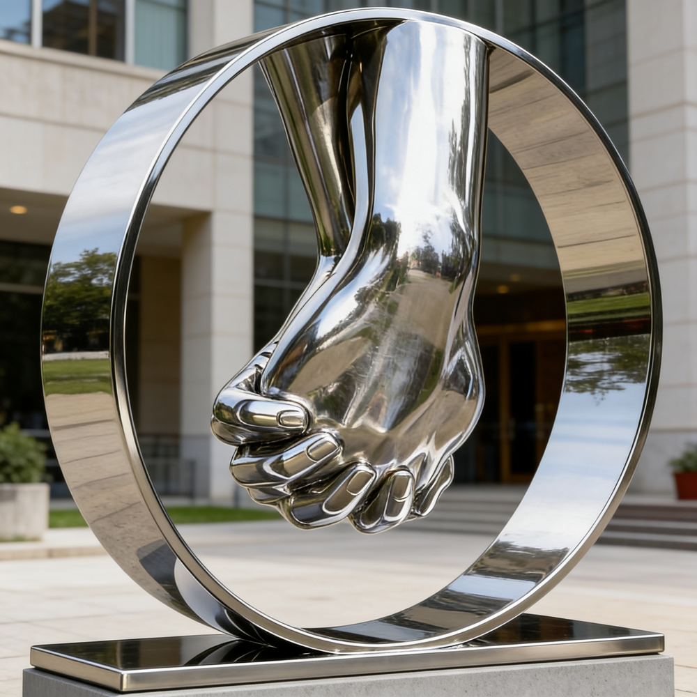Polished metal sculpture featuring two clasped hands inside a circular frame on a pedestal base