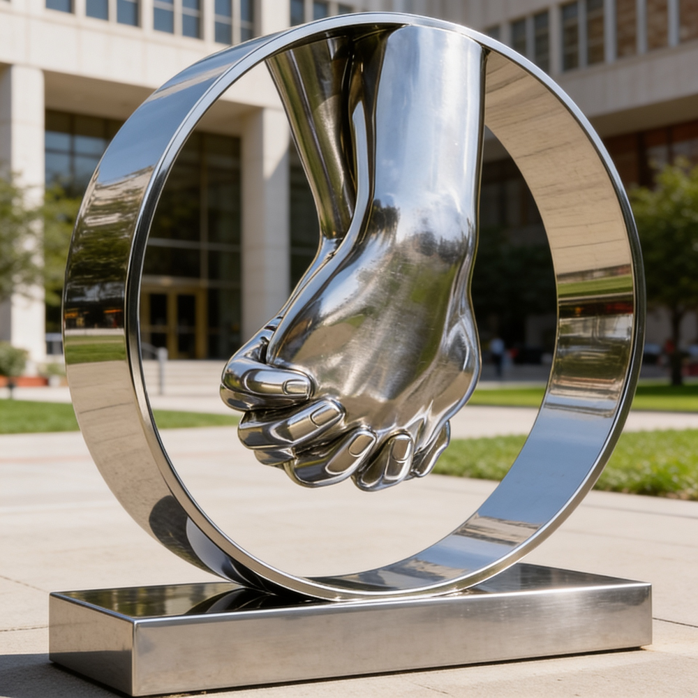 Outdoor polished metal sculpture of two hands meeting inside a circular enclosur