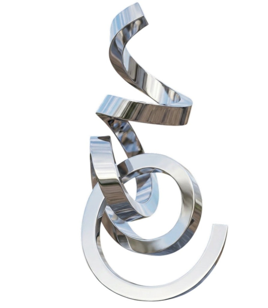 Polished metallic ribbon‑form sculpture featuring intertwined looping curves and reflective surfaces