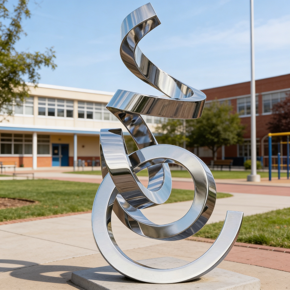Interlocking curved metal ribbons forming a fluid abstract sculpture with high reflectivity.