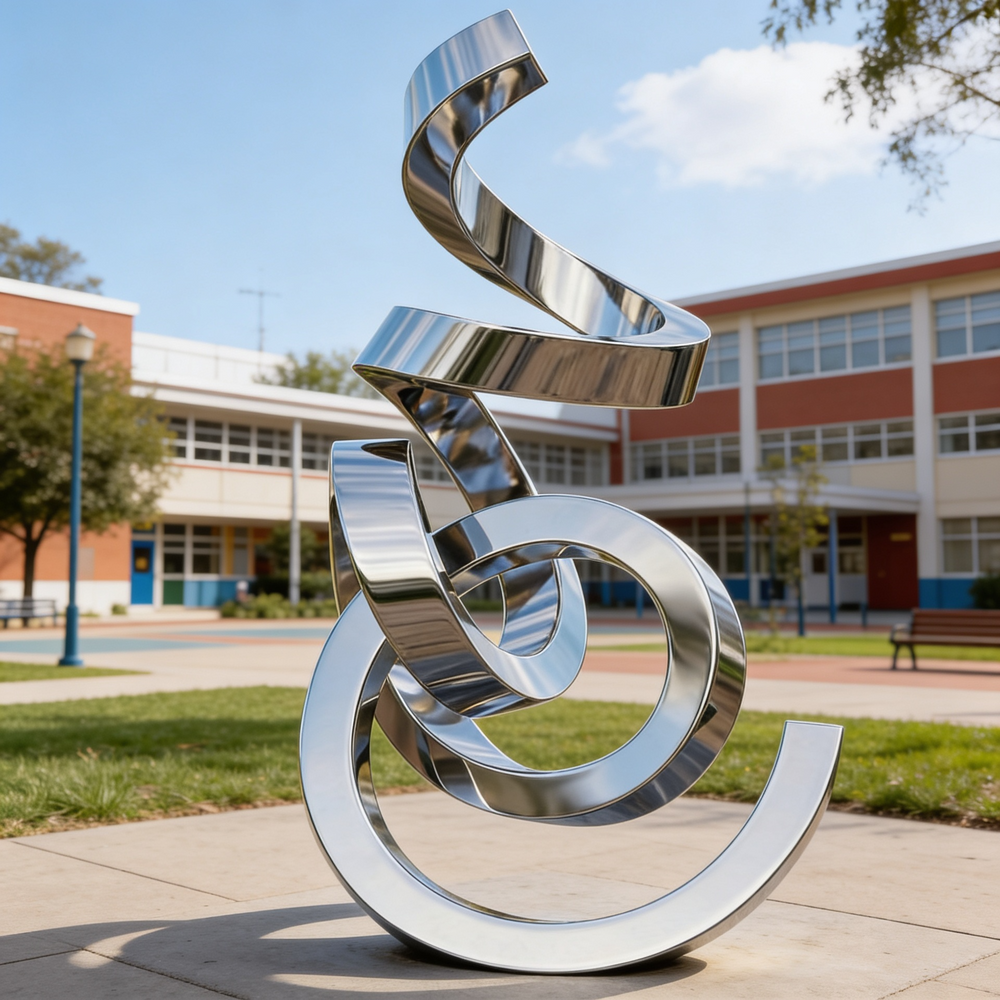 Sculptural metal ribbons bending and looping into a dynamic abstract composition