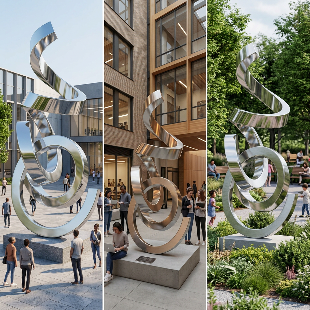 Abstract looping metal sculpture featuring intertwined reflective ribbons and smooth contours