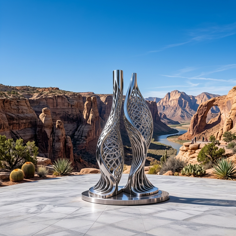 Metallic sculpture in a desert setting with mountains and a river in the background