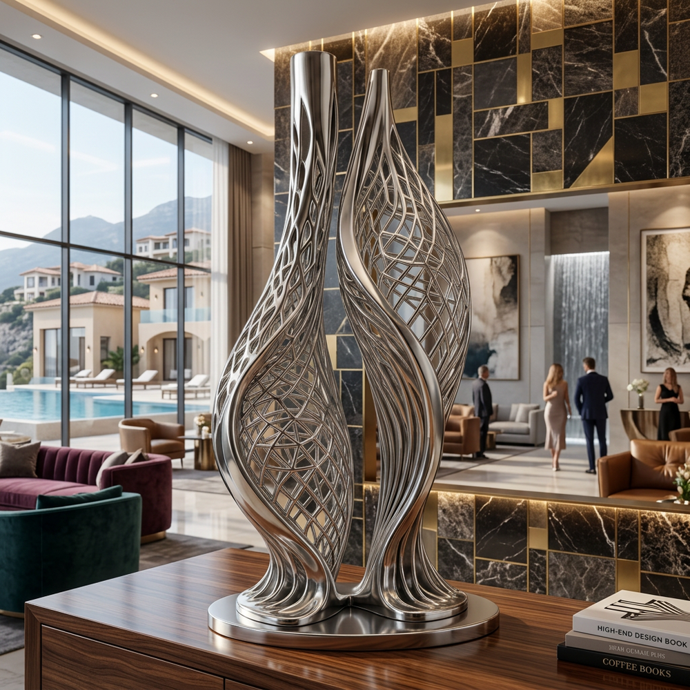 Decorative silver sculpture on a table in a luxurious interior setting with marble walls and large windows.