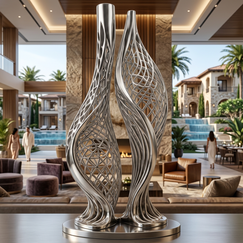 Silver decorative vases in a luxurious indoor setting with palm trees and a pool.