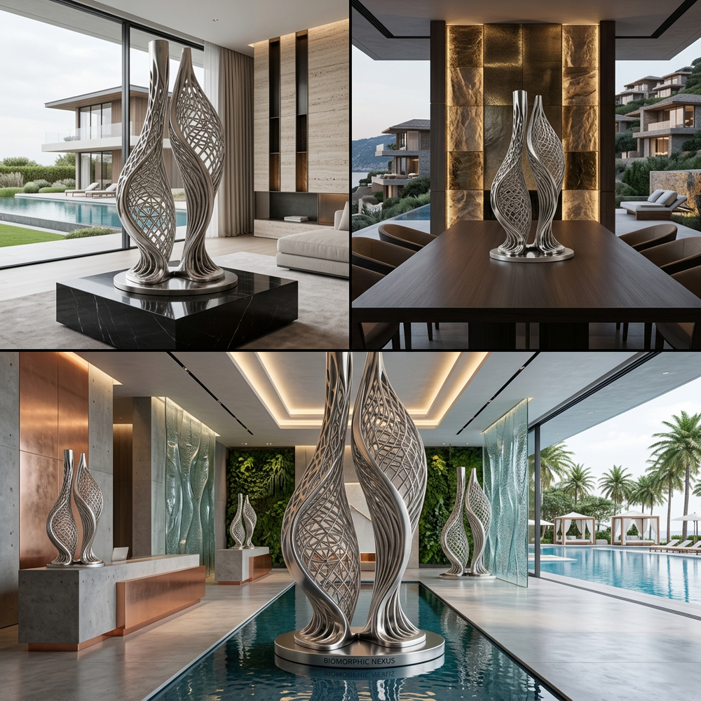 Decorative metal sculpture in various settings including a modern home interior and outdoor pool area.