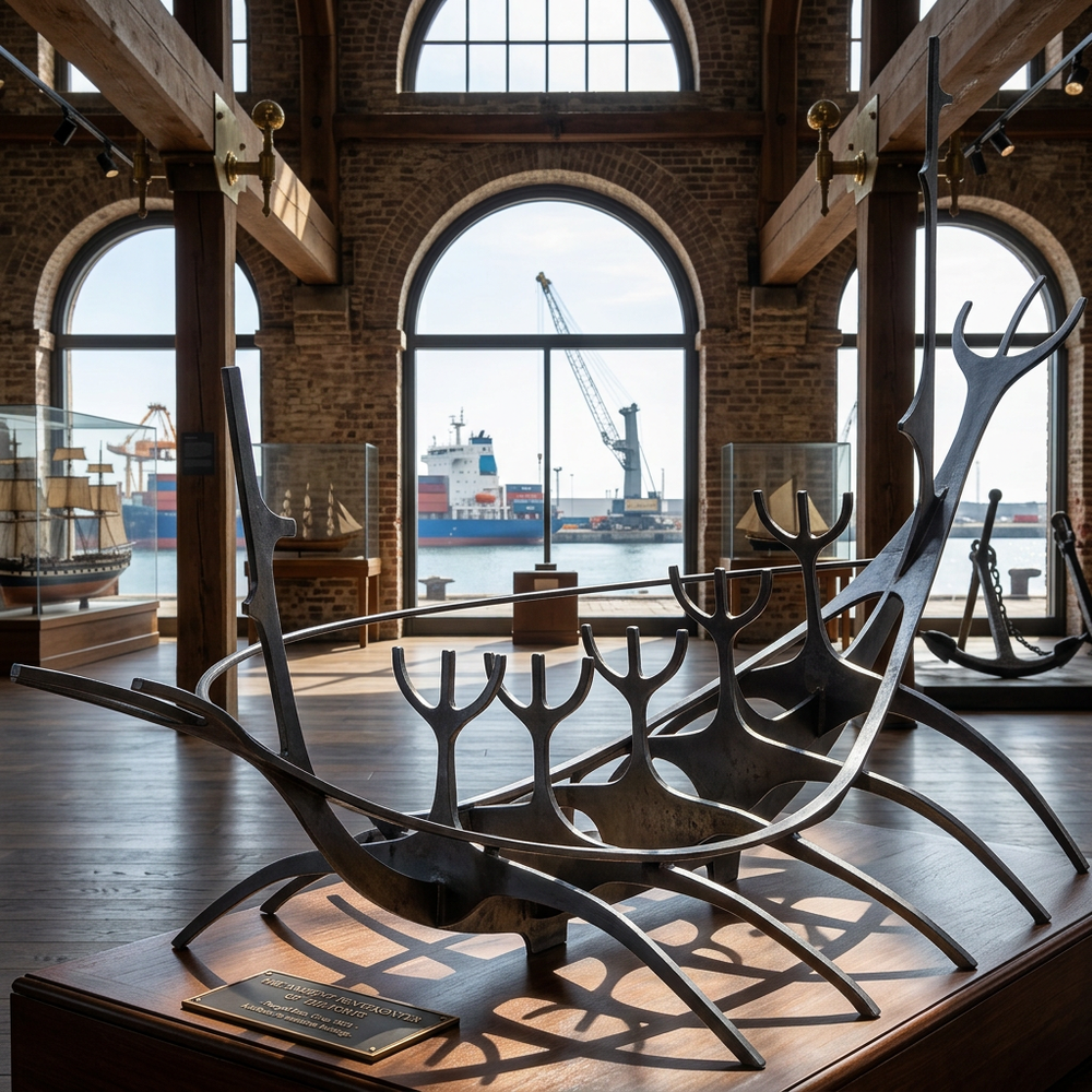 Polished metal structure combining curved vertical shapes into a modern nautical‑inspired design
