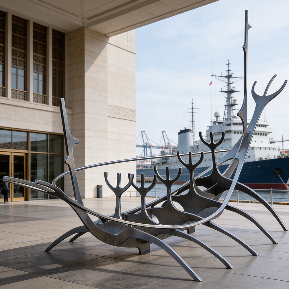 Contemporary abstract metal sculpture with smooth reflective curves evoking a historic ship silhouette