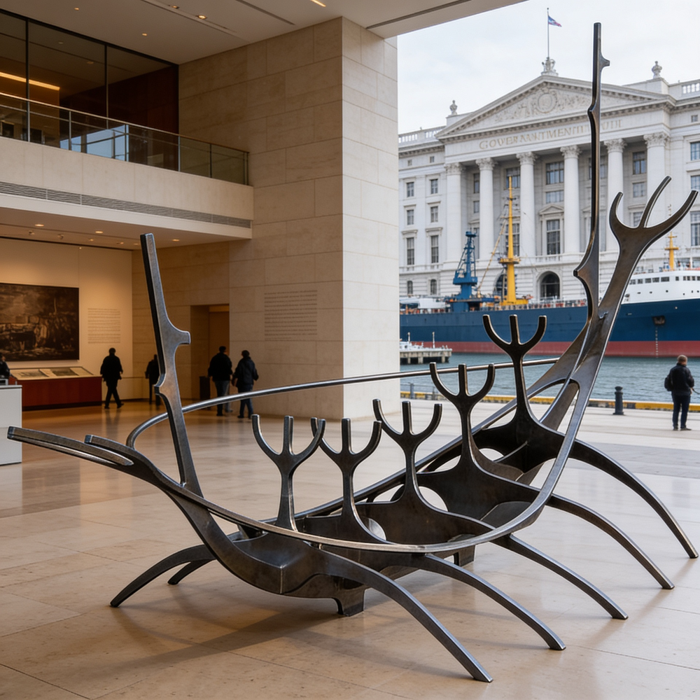 Abstract outdoor sculpture with polished metal arcs arranged in a ship‑inspired configuration