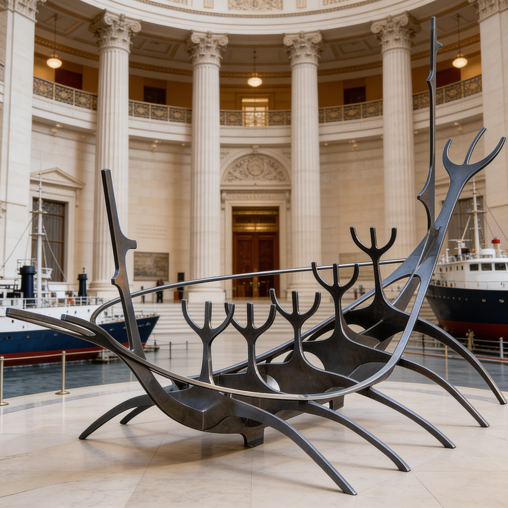 Sleek metallic sculpture with smooth curved forms rising in a ship‑like abstract pattern