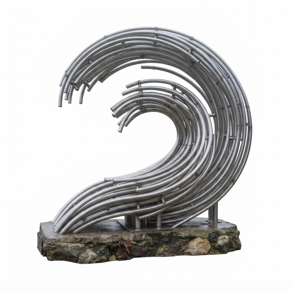 A modern wave sculpture made of curved metallic tubes mounted on a rough stone base, photographed against a plain white background.