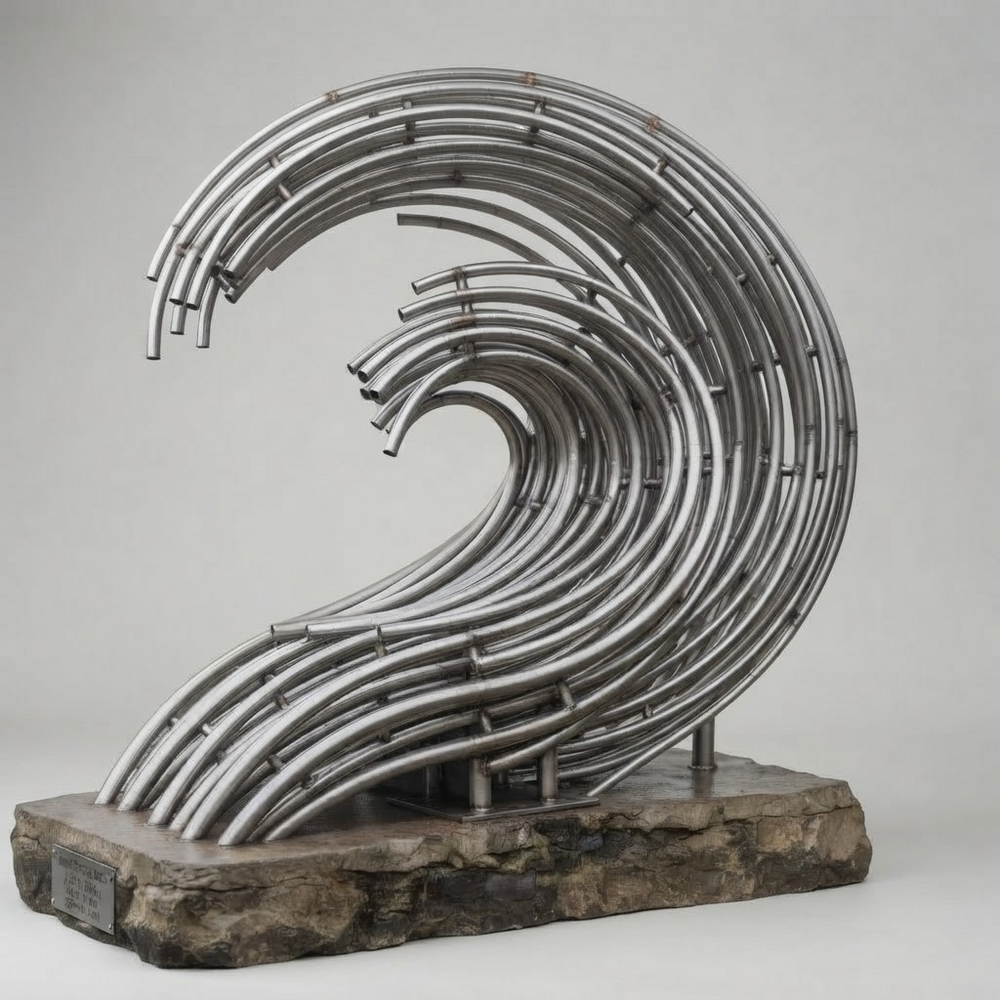 A wave-shaped metal sculpture made of curved silver tubes mounted on a rough stone base, photographed against a plain light gray studio background.