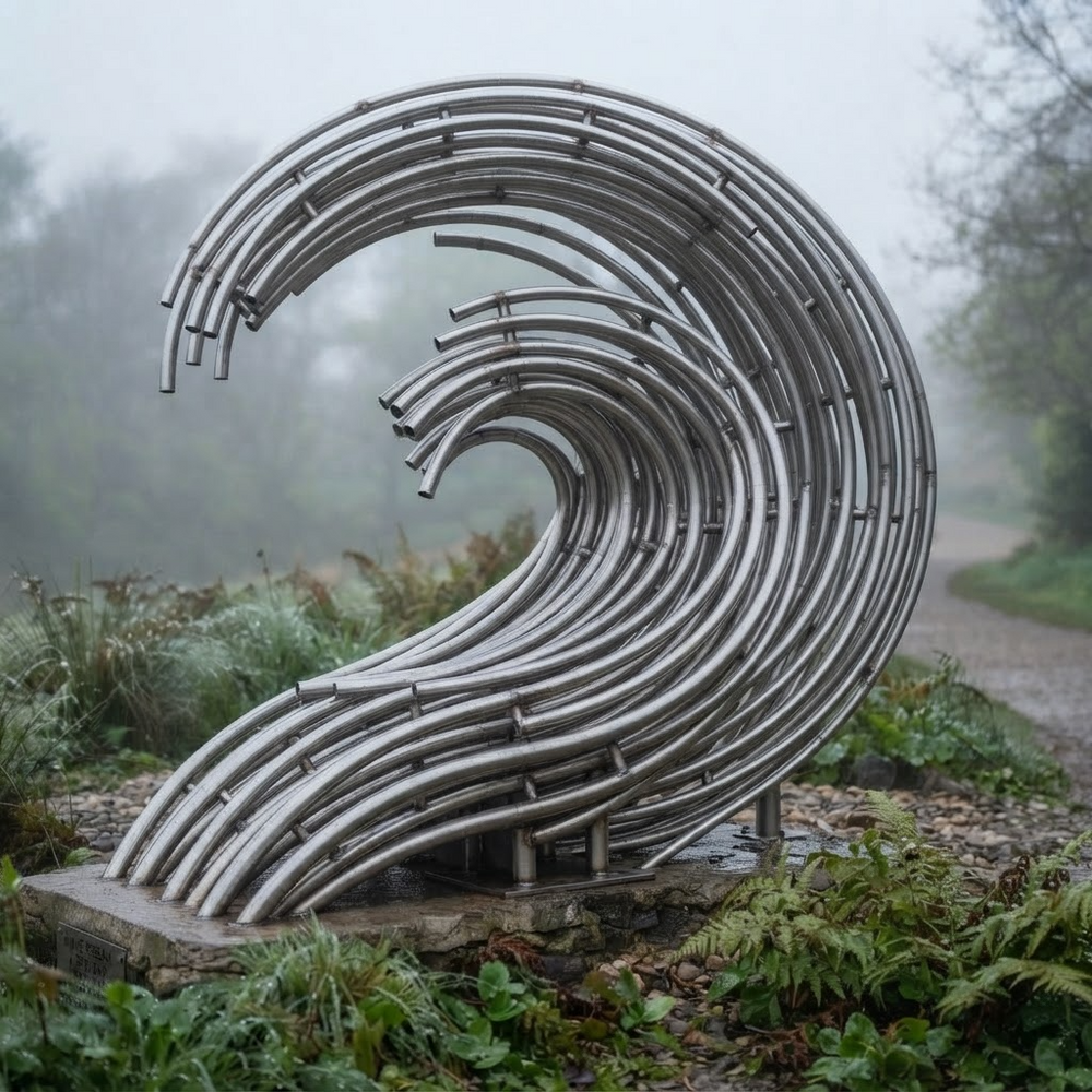 A large abstract metal wave sculpture made of curved silver tubes, mounted on a stone base in an outdoor garden or park with foggy trees and a path in the background.