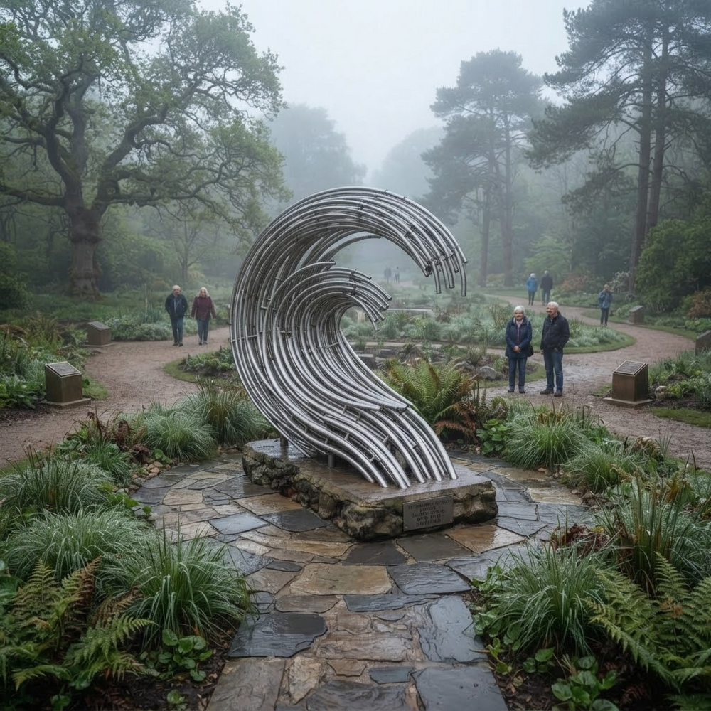 A large metallic wave-shaped sculpture stands on a stone base in a misty park garden, with walking paths, trees, and a few small people visible in the background.