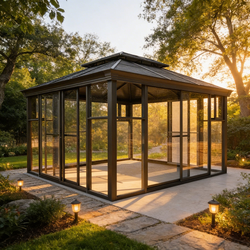 Freestanding steel‑frame sunroom with full‑height glass panels